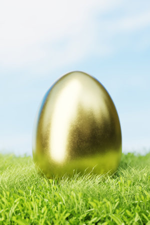Golden egg in the grass on a meadow. 3d rendering..の写真素材