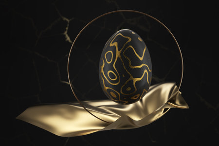 Luxury Easter card. Golden egg with a pattern on a dark background. 3d rendering..の写真素材