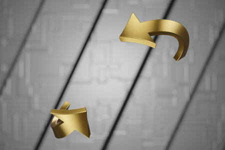 Golden arrows rotate in 3d. The concept of return, charge, rotation, recycling on an abstract...