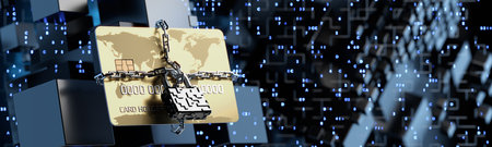 Fraud with bank cards. A bank card protected by chains. credit card data security. 3d rendering..