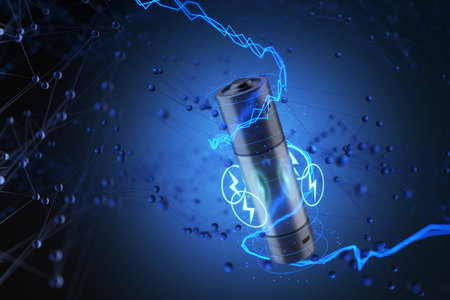 New type of batteries. Battery for electric vehicles. battery close-up. battery fast charging concept. AA batteries. 3D visualization..の写真素材