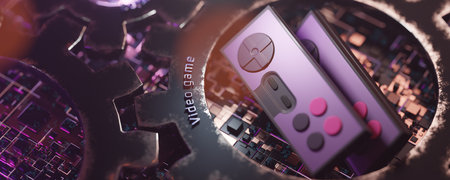 Game joysticks on a technological background. video game concept. Video games as entertainment. blockchain games. 3d renderingの写真素材