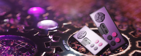 Video games as entertainment. video game concept. Game joysticks on a technological background....
