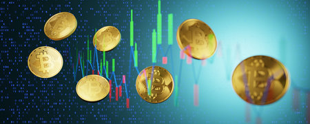 Gold bitcoin coin on a green background. Bitcoin cryptocurrency trading concept. 3d rendering..