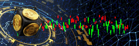 Gold bitcoin coin on a dark background. Bitcoin cryptocurrency trading concept. 3d rendering..