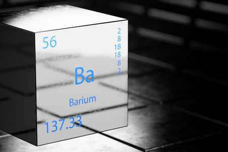 3D illustration of barium as element 56 of the periodic table. Chemical element barium on a metallic background. Barium chemical element design showing element name, atomic weight and number. 3d rendering..の写真素材