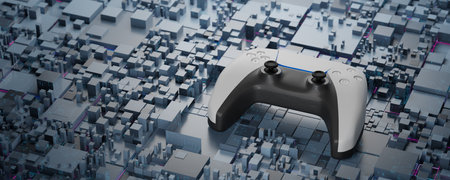 Blockchain game concept. Game joystick on a technological background. Blockchain game concept...