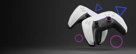 Game joystick on a gray background. Blockchain game concept Gamepad on dark background and blank...