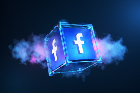 Facebook on the background of clouds. Facebook on technology cube in neon clouds. 3d rendering.のeditorial素材