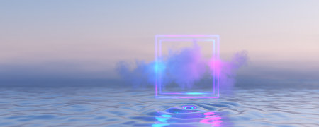 cloud technologies. Neon square frame on cloud background. Abstract background with clouds and smoke.Clouds glowing blue and pink. 3d rendering.の写真素材