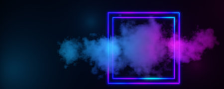 Neon square frame on cloud background. Abstract background with clouds and smoke. cloud technologies. Clouds glowing blue and pink. 3d rendering.の写真素材
