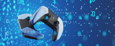 Blockchain game concept Gamepad on dark background and blank space for design. Game joystick on a...