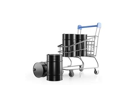 Barrels with oil products, fuel, chemicals in a grocery cart. Price per barrel of oil. Trade in oil,...