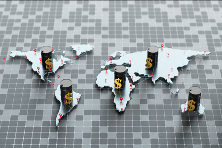 Trade in oil, chemicals, fuels in the global market. world map. Price per barrel of oil in dollars. The price per barrel of a chemical element. Barrels with oil products, fuel, chemicals next to the dollar sign. 3D rendering.の写真素材