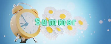 Yellow alarm clock on the background of the inscription summer. flowers background. vacation...