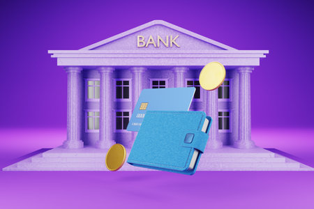 online bank. banking services. credit. Wallet with bank cards. Wallet with coins. saving money. Investments. Crypto exchange. 3d rendering.の写真素材