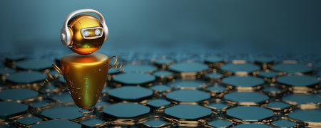 Golden robot on a green background. Communication with artificial intelligence. The concept of...