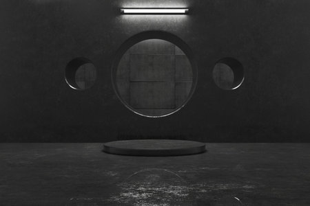 Dark podium, industrial interior pedestal for your product. Black cement background in smoke. Concrete tiles in smoke. Concrete background for your design. 3D rendering.の写真素材