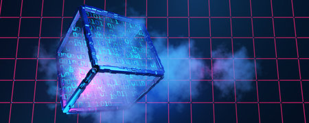 Artificial intelligence, cube with numbers. Blockchain technology cubed. big data. Cube with binary...