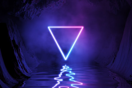 Futuristic background. Illustration with abstract stage and blue neon frame. Empty podium with neon...