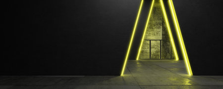 Neon lights Concrete background Triangular portal Glowing lines Tunnel Virtual reality arch Laser show. 3D rendering.の写真素材