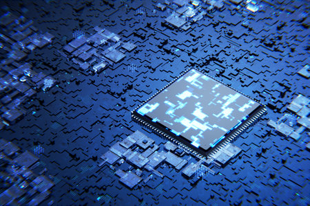 Abstract microchip. Conventional technologies. New microprocessor. Computer chips and processors on...