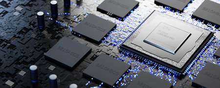 Conventional technologies. New microprocessor. Memory chips and central processor on an electronic...