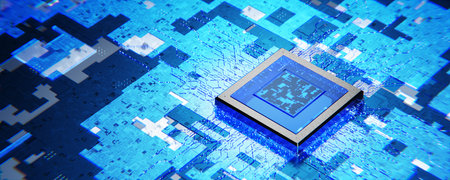 Computer chips and processors on electronic boards. Abstract microelectronics technology concept....