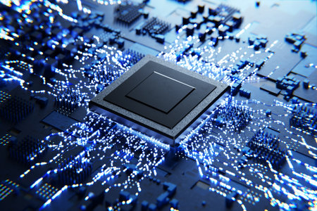Conventional technologies. New microprocessor. Computer chips and processors on electronic boards. Abstract microelectronics technology concept. Abstract microchip. 3d render.の写真素材