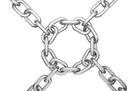Blocked content, conceptual. The metal chain is closed in a circle. Metal chain on a transparent, white background. Metal chain blank in a circle for your design. 3d render.の写真素材