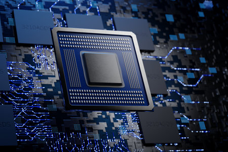 Abstract microchip. Electronic board. CPU. x86, ARM and RISK-V architecture processor on the motherboard. Graphics processor. Neuro processor. Abstract concept of microelectronics technology. 3D rendering.の写真素材