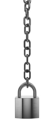 A gray metal lock hangs from a metal chain. Overlap, closure, denial. Gray metal chain and gray metal padlock. Lock concept. Encryption. 3D rendering.の写真素材