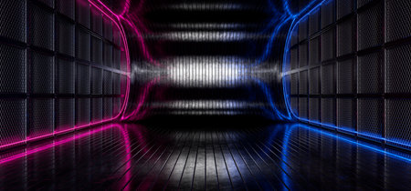 Metal garage with neon lights in blue and pink. Metal background. Hangar is a metal hangar for the presentation of your product. Technology background Futuristic corridor Futuristic tunnel. 3D render.の写真素材