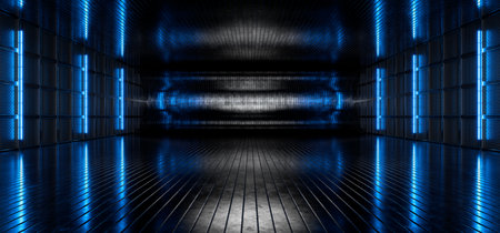 Blue neon light. Metal garage. Hangar. Metal background. Iron tunnel. Gloss. Futuristic, cool background for product presentation. Production hangar. Factory, plant. 3D rendering.の写真素材