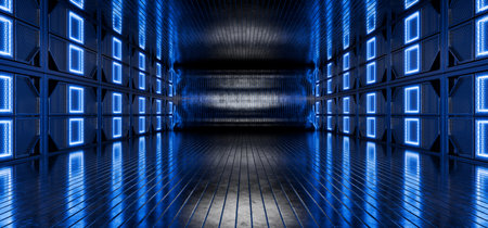 Metal garage. Blue neon light. Futuristic, cool background for product presentation. Hangar. Metal background. Iron tunnel. Gloss. Production hangar. Factory, plant. 3D rendering.の写真素材