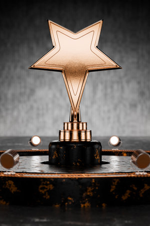 Prize, first place. Star award. Gold star on a pedestal with a metal background, award template on a dark background. Award on a metal background. 3D rendering.の写真素材