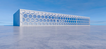 Cement garage design scene with empty concrete space. Empty wide space for mockup. Parking lot with concrete floor. Cloudy blue sky. Abstract minimal architecture background. 3D render.の写真素材