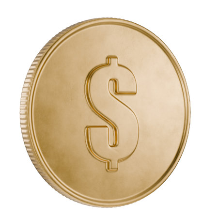 Coin for casino. Money, bank, loans. Rotated gold coin with dollar symbol on a transparent white background. Coin with metal texture. Currency Donations. Subscription. 3D renderingの写真素材