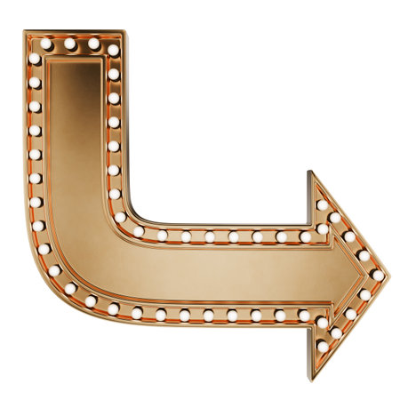 Retro signboard corner pointer, corner arrow. Gold advertising sign with light bulbs in retro style....