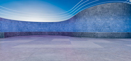 Cement floor design scene with empty concrete space. Open space to present your product. Parking lot with concrete floor. Abstract minimal architectural background. Empty wide space with neon light. 3D rendering.の写真素材