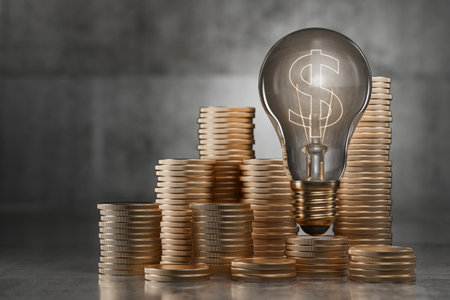 Business plan. Glowing light bulb on a stack of coins. Business idea concept. 3D render.の写真素材