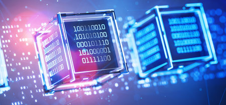 Blockchain Artificial Intelligence. Abstract technical background. Data block. Big data. Binary...