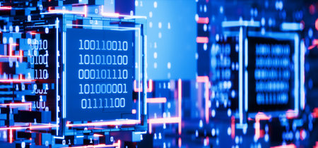 Hacker attack. Computer code. Blockchain Artificial Intelligence. Big data. Data block. Cube with...