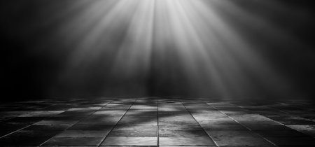 3D rendering of dark empty warehouse. Cement floor in dark room with spot lighting. Black...