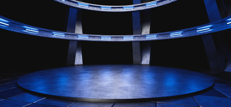 Hangar with metal tiles. Showroom. Exhibition hall Industrial background. Podium for car. Dark empty...