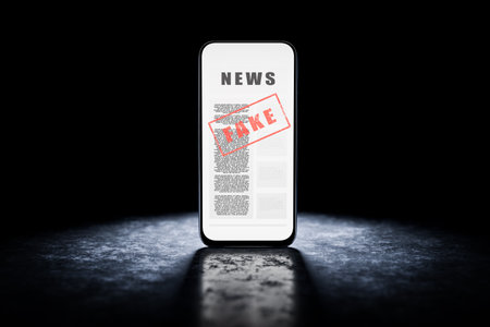 Fake news concept on a phone screen. Spreading disinformation in the state. Deception in social networks. Conspiracy theories. Elections in countries. Weapons. 3D rendering.の写真素材
