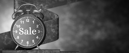 Sell. Sales banner. Discount time. Stylish black alarm clock symbolizes Black Friday. Sale time. Banner for your advertising. Big sale. Discounts. Discount time. Black Friday concept.の写真素材