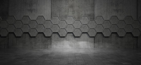 Gray concrete background. Garage or hangar with hexagonal pattern. Cement podium for your product....