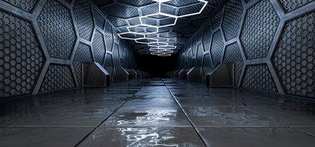 Futuristic podium for your product. Concrete background for your product presentation. Futuristic garage or hangar. Futuristic tunnel. Garage or hangar with hexagonal pattern. 3d render.の写真素材