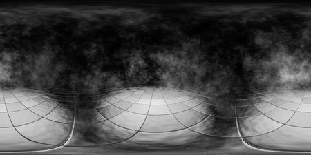 Tiled floor in the dark with fog or smoke, 360 panorama. Empty room without renovation. Full seamless spherical hdri panorama 360 degrees in interior of a dark garage,warehouse, corridor. 3d render.の写真素材